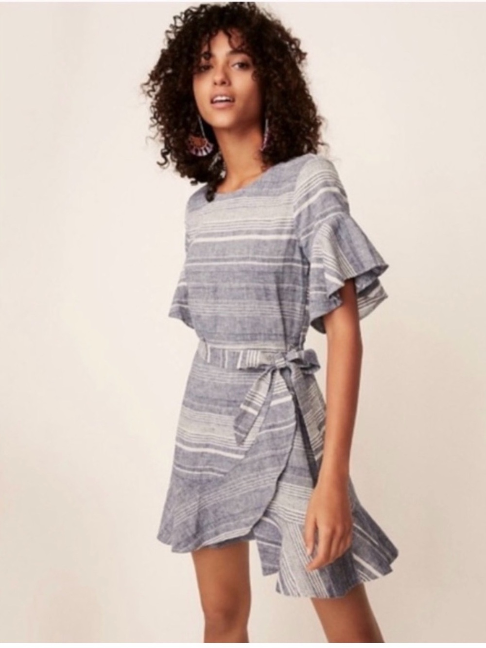 Express Striped Blue Wrap Tie-Waist Mini Dress